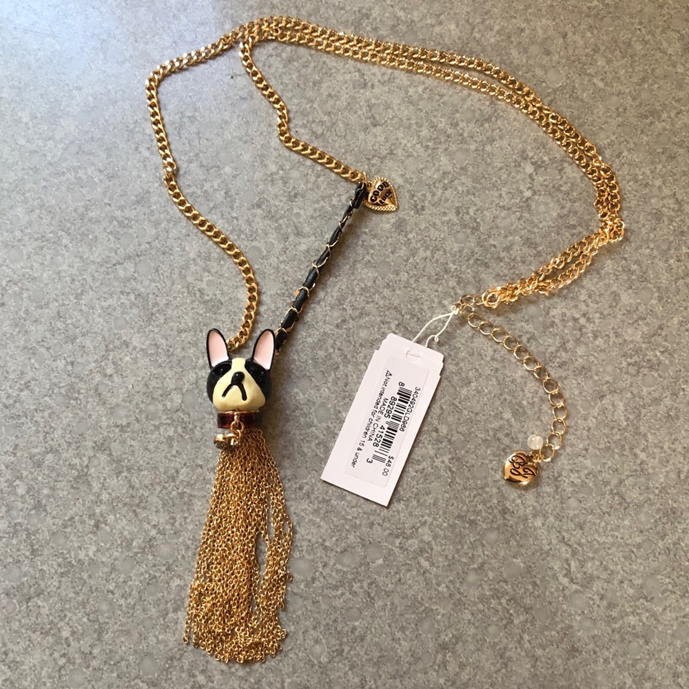 Betsey Johnson Gold Tone Long Necklace French Bull Dog Tassel Pendant NWT